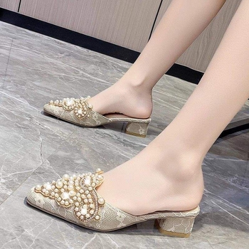 Ženske slip-on sandale s oštrim vrhom, čipkasti gornji dio s perlama i kristalima, ravna podloga, PU gornji dio i PU podloga