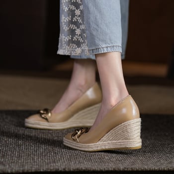 Ženske PU cipele na klin s lančanim detaljem, okrugla nosnica, debeli potplat, ribarski stil