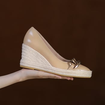 Ženske PU cipele na klin s lančanim detaljem, okrugla nosnica, debeli potplat, ribarski stil