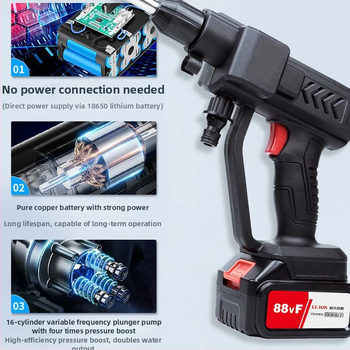 Bezdrôtový vysokotlaký čistič auta s 21V Li batériou, 300W, 5L nádrž, 5m hadica