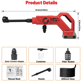 Bezdrôtová autoumývacia pištoľ, prenosný viacfunkčný lítiovo-batériový čistiaci stroj pre domáce použitie, vysoký tlak 2.18 MPa, prietok 6.3 L/min, 21 V, max. 11 A, hmotnosť 1.0 kg