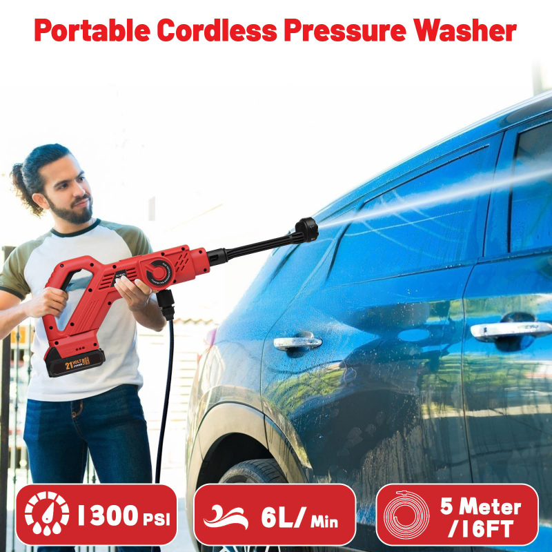 Pistol de spălat auto fără fir, dispozitiv portabil multi-funcțional cu baterie litiu pentru uz casnic, înaltă presiune 2.18 MPa, debit 6.3 L/min, 21V, curent maxim 11A, greutate 1.0 kg