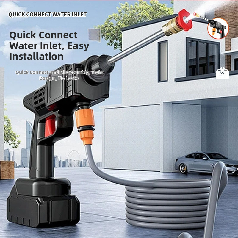 Prenosný vysokotlaký pištoľ na umývanie áut s lítiovou batériou, 12V/24V, vysoký tlak, bezdrôtové samo nasávanie, dosah prúdu 5–8 m, vodovodný hadica 20 m