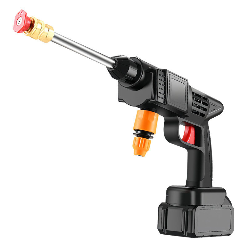 Pistol portabil de spălat auto, baterie litiu, 12V/24V, presiune înaltă, auto-aspirație fără fir, rază jet 5–8 m, furtun de apă 20 m