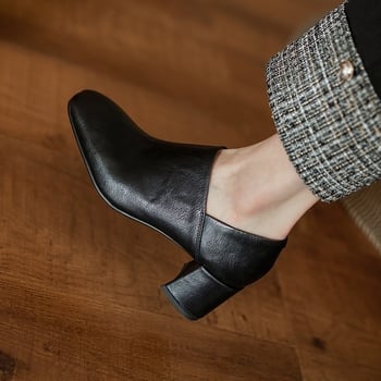 Ženske kožne cipele s vunenim gornjim dijelom, chunky petom, okrugli vrh, slip-on, visina pete 3–6 cm