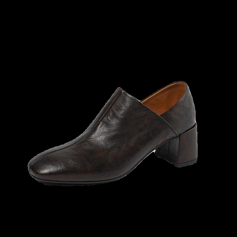Ženske kožne cipele s vunenim gornjim dijelom, chunky petom, okrugli vrh, slip-on, visina pete 3–6 cm