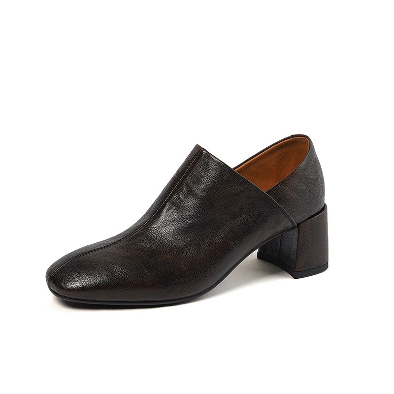 Ženske kožne cipele s vunenim gornjim dijelom, chunky petom, okrugli vrh, slip-on, visina pete 3–6 cm