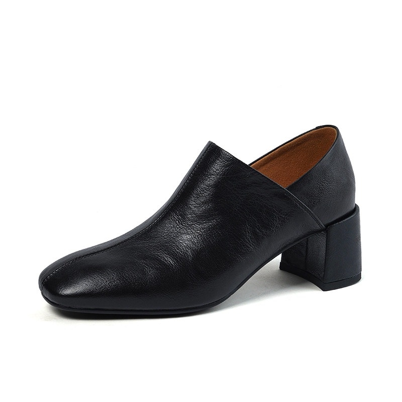 Ženske kožne cipele s vunenim gornjim dijelom, chunky petom, okrugli vrh, slip-on, visina pete 3–6 cm