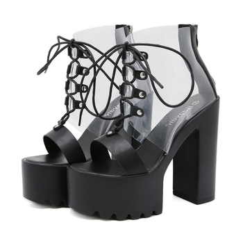 Ženske sandale s 14 cm visokim prozirnim PVC gornjim dijelom, debela platforma, stražnji zatvarač, prst u obliku riblje usta, gradski stil, rimske sandale, PU potplat