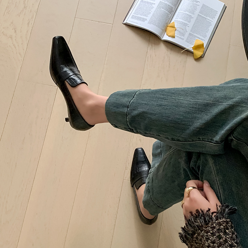 Ženske visoke pete s kvadratnim vrhom, teleća koža, francuski stil, štiletto potpetica 3–6 cm