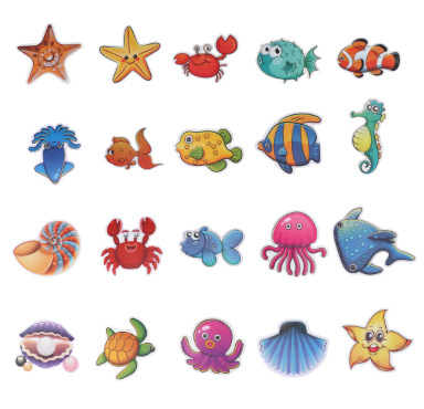 Kúpeľňové protiskĺzové nálepky s karikatúrnym motívom — PEVA základ, lepidlo citlivé na tlak, viskozita 70 N/m, séria: karikatúrne protiskĺzové nálepky