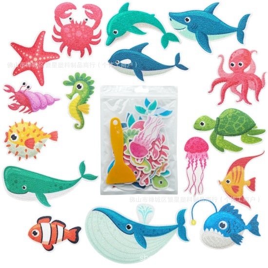 Kúpeľňové protiskĺzové nálepky s karikatúrnym motívom — PEVA základ, lepidlo citlivé na tlak, viskozita 70 N/m, séria: karikatúrne protiskĺzové nálepky