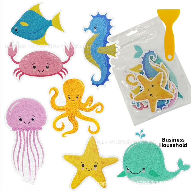 Kúpeľňové protiskĺzové nálepky s karikatúrnym motívom — PEVA základ, lepidlo citlivé na tlak, viskozita 70 N/m, séria: karikatúrne protiskĺzové nálepky