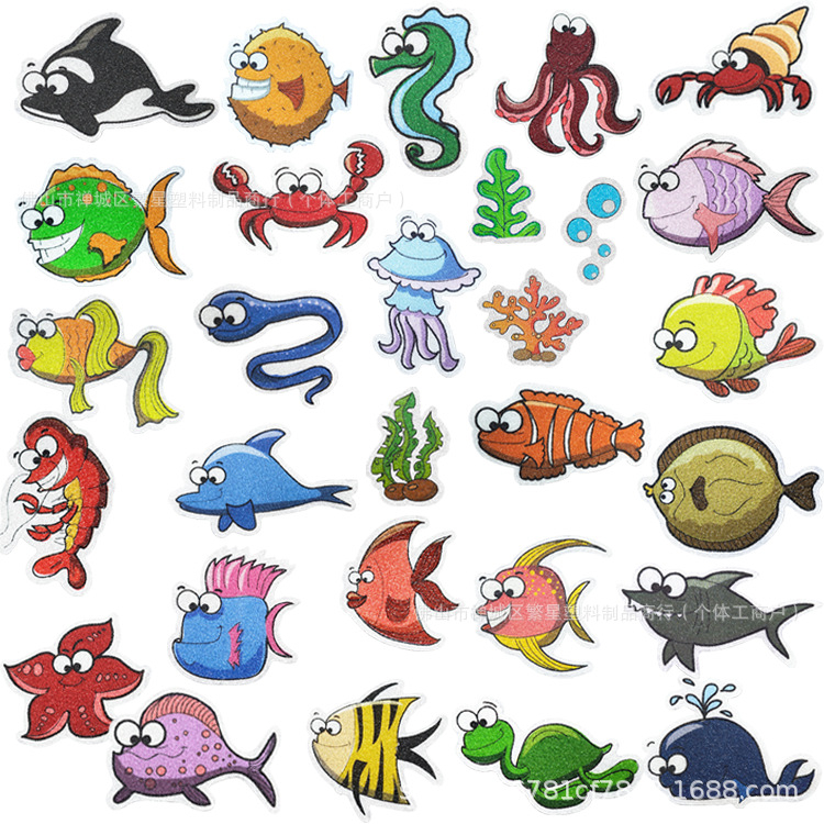 Kúpeľňové protiskĺzové nálepky s karikatúrnym motívom — PEVA základ, lepidlo citlivé na tlak, viskozita 70 N/m, séria: karikatúrne protiskĺzové nálepky