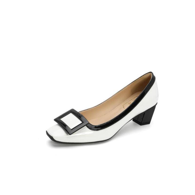 Ženske cipele s kvadratnom kopčom, srednji pet 3–5 cm, slip-on, gornji dio od dvostruke kravlje kože, gumena potplat, podstava od ovčje kože, jednobojne, za svakodnevno nošenje