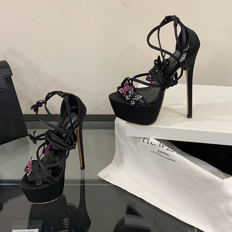 Ženske sandale s preklopljenim remenčićima, otvoreni prst, tanak potplat iznad 8 cm, gumeni potplat, PU uložak