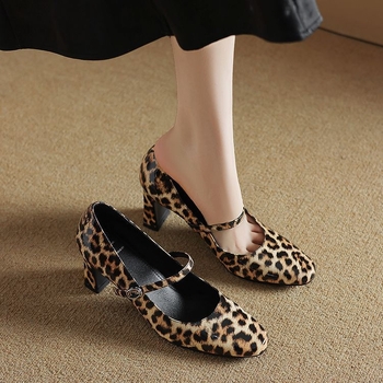 Mary Jane cipele s leopardim uzorkom, okrugli nos, patent koža, visina potpetice 6–8 cm