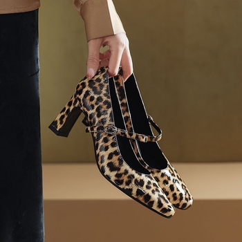 Mary Jane cipele s leopardim uzorkom, okrugli nos, patent koža, visina potpetice 6–8 cm