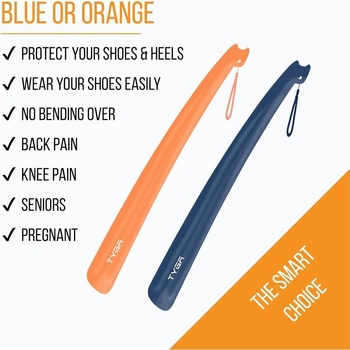 Long-handled plastic shoe horn, 17-inch (43 cm) length, Spring season