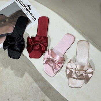 Ženske ravne papuče sa satenskom mašnom, gornji dio od svile, gumena potplat, slip-on, gradski stil
