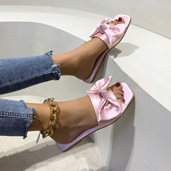 Ženske ravne papuče sa satenskom mašnom, gornji dio od svile, gumena potplat, slip-on, gradski stil