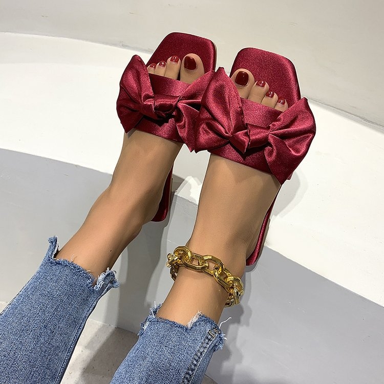 Ženske ravne papuče sa satenskom mašnom, gornji dio od svile, gumena potplat, slip-on, gradski stil
