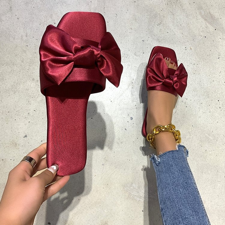 Ženske ravne papuče sa satenskom mašnom, gornji dio od svile, gumena potplat, slip-on, gradski stil