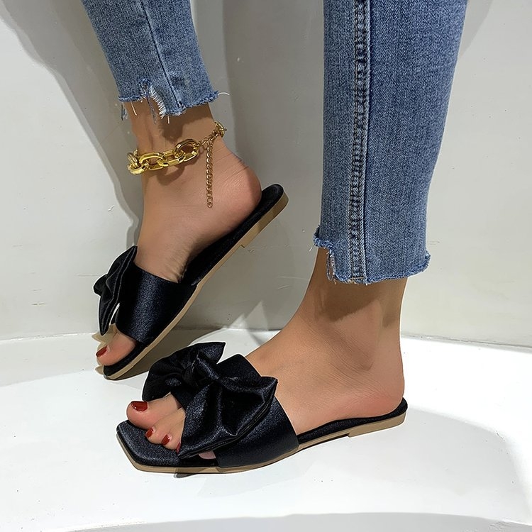 Ženske ravne papuče sa satenskom mašnom, gornji dio od svile, gumena potplat, slip-on, gradski stil