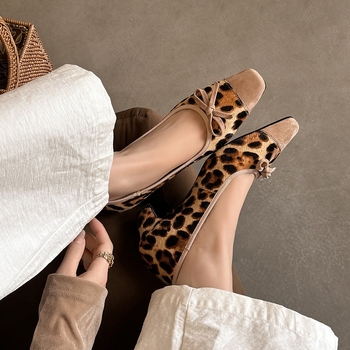 Ženske Mary Jane cipele s leopardim uzorkom od konjske dlake, kvadratni vrh, slip-on, srednji potpetica