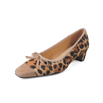 Ženske Mary Jane cipele s leopardim uzorkom od konjske dlake, kvadratni vrh, slip-on, srednji potpetica