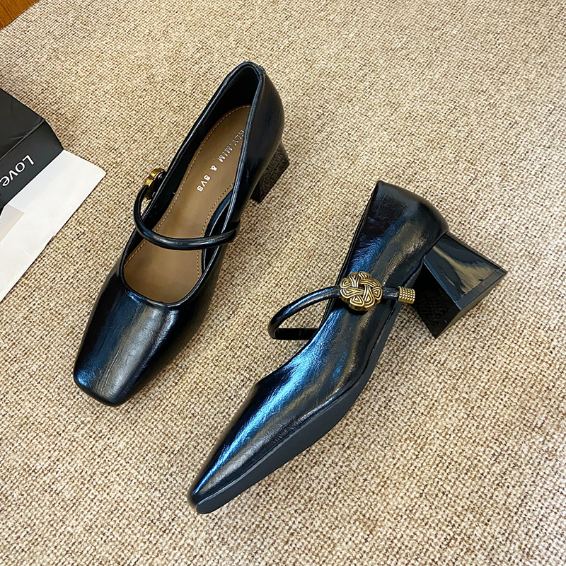 G2322-220 Pantofi Mary Jane pentru femei, toc mediu gros 3–6 cm, vârf pătrat, din super fiber, închidere cu cataramă pe o singură curea, talpă din cauciuc