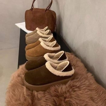 Női pamut slip-on cipők vastag talppal, meleg fleece bélés, zárt orrú