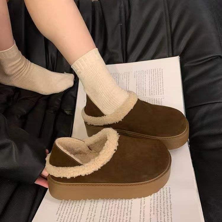 Női pamut slip-on cipők vastag talppal, meleg fleece bélés, zárt orrú