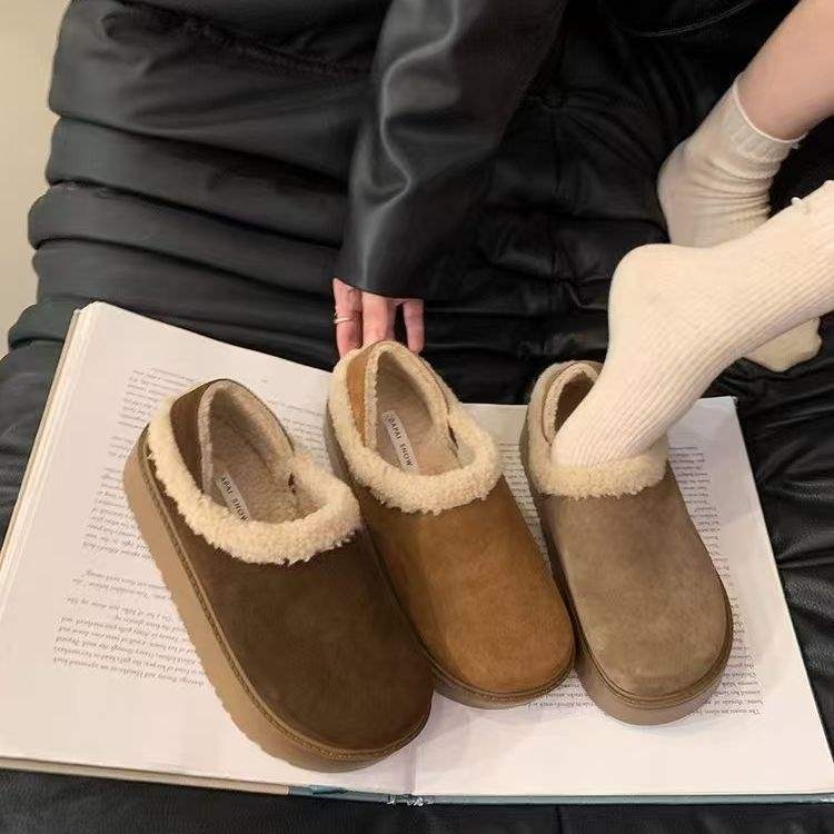 Női pamut slip-on cipők vastag talppal, meleg fleece bélés, zárt orrú