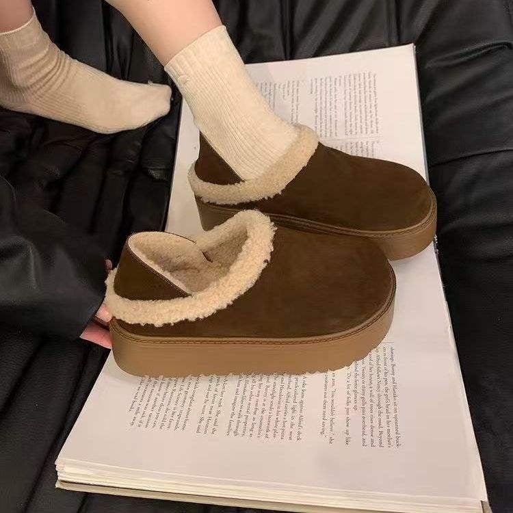 Női pamut slip-on cipők vastag talppal, meleg fleece bélés, zárt orrú