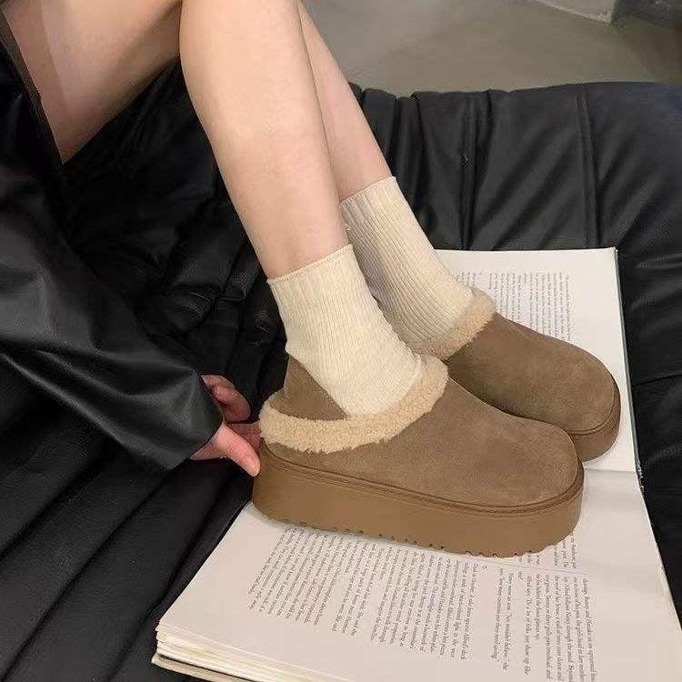 Női pamut slip-on cipők vastag talppal, meleg fleece bélés, zárt orrú