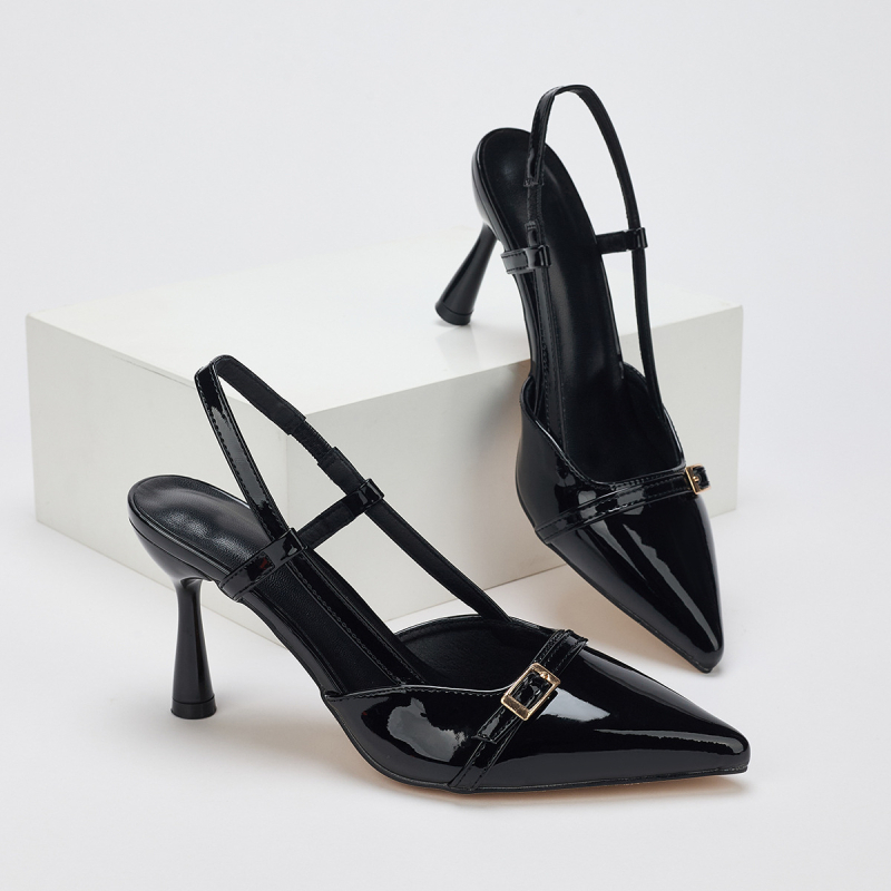 Ženske štikle stileto s oštrim vrhom, slingback s kopčom, 8 cm+ visina potpetice, gumeni potplat, PU uložak