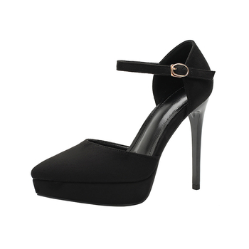 Velúr magassarkú cipő hegyes orrú, platforma 12 cm, vékony sarkú, csattos zárás, gumitalp