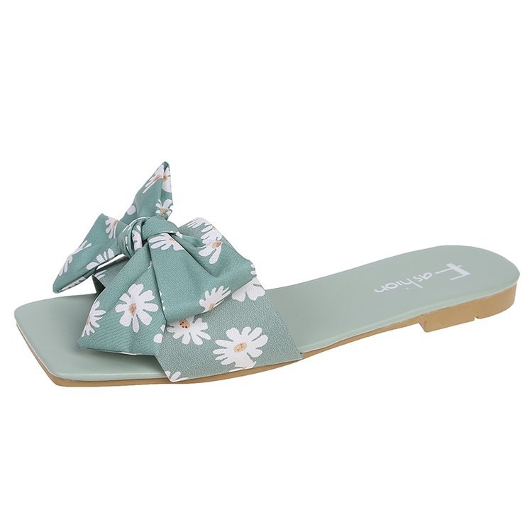 Ženske sandale u korejskom stilu s mašnicom, cvjetni uzorak, gornji dio od sintetičke kože, gumena đona, slip-on