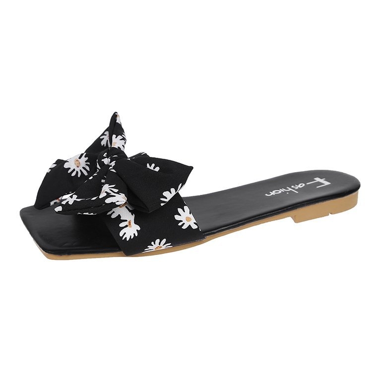 Ženske sandale u korejskom stilu s mašnicom, cvjetni uzorak, gornji dio od sintetičke kože, gumena đona, slip-on