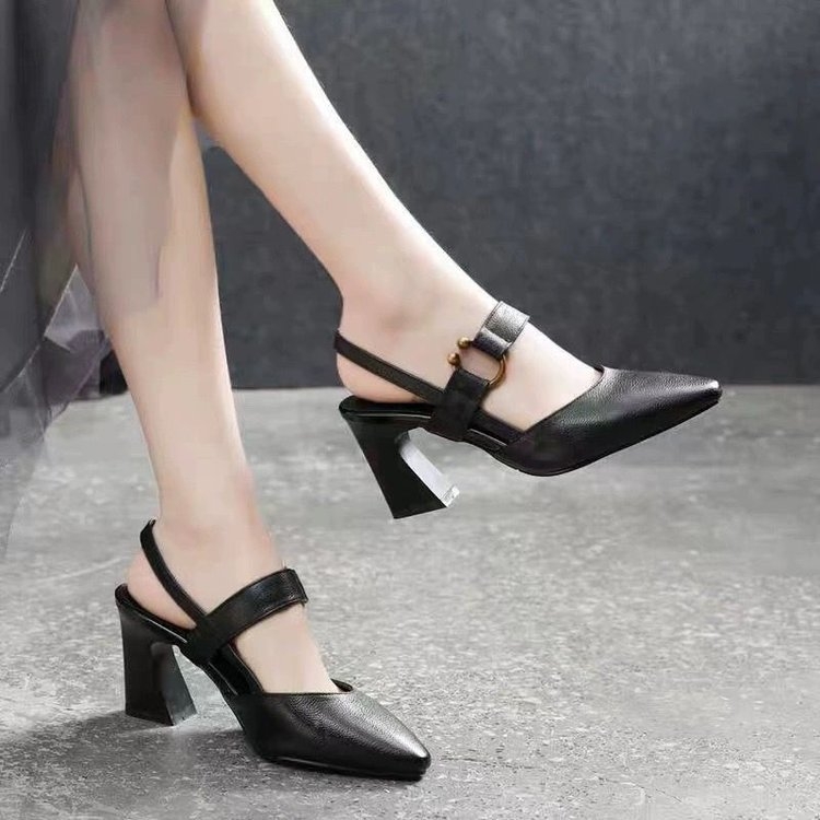 Sandale fără toc la spate pentru femei, vârf pătrat, partea superioară PU, toc pătrat de 6–8 cm, vară