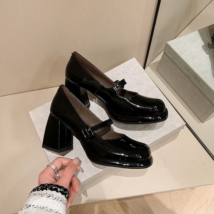 Ženske Mary Jane cipele, školski stil, okrugli vrh, kopča remena, debeli pet 6–8 cm, gornji dio od kravljje kože, ulošak od prirodne kože