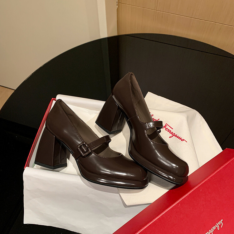 Ženske Mary Jane cipele, školski stil, okrugli vrh, kopča remena, debeli pet 6–8 cm, gornji dio od kravljje kože, ulošak od prirodne kože