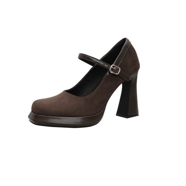 Mary Jane cipele s visokim petom, suede gornji dio, kvadratni nos, debeli pet, kopča