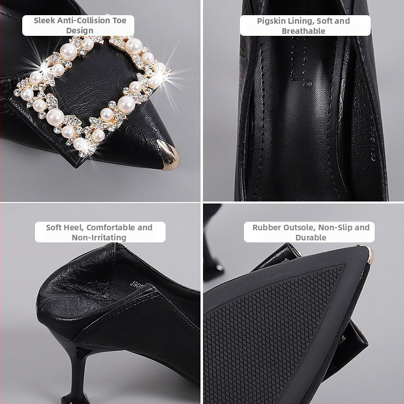 Дамски обувки от първи слой телешка кожа с rhinestone детайли, нисък ток (<3 см), гумена подметка, подплата от първи слой свинска кожа