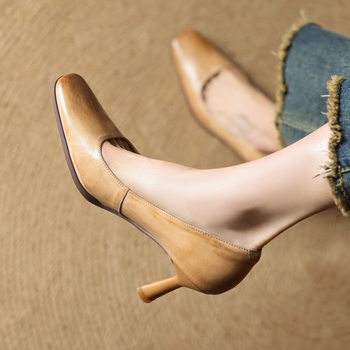 Ženske cipele teleće kože s kvadratnim nosom, slip-on, 6–8 cm tanak peti