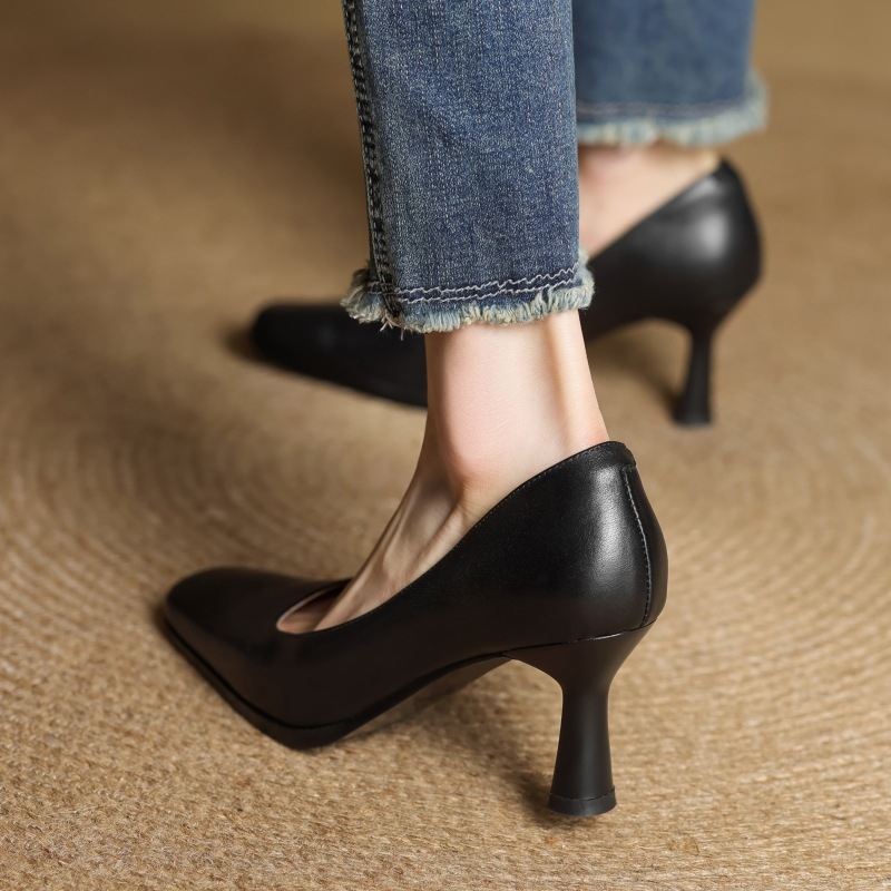 Ženske cipele teleće kože s kvadratnim nosom, slip-on, 6–8 cm tanak peti