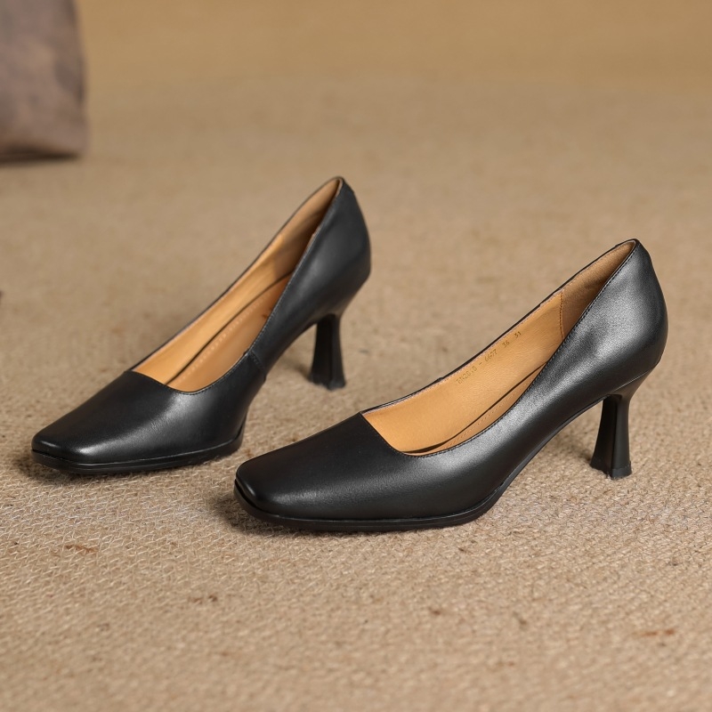 Ženske cipele teleće kože s kvadratnim nosom, slip-on, 6–8 cm tanak peti