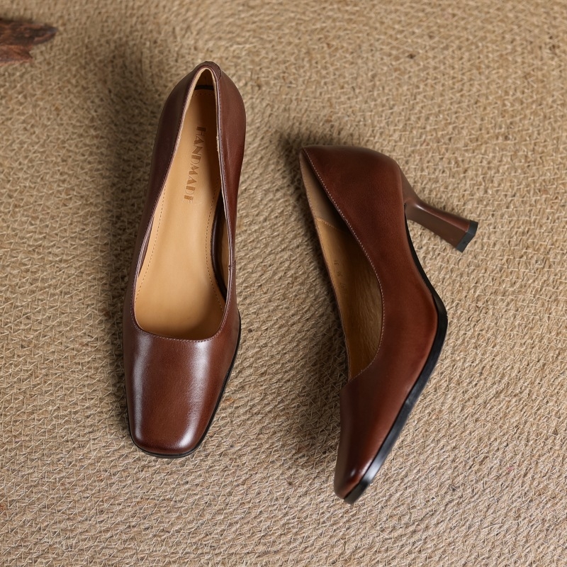 Ženske cipele teleće kože s kvadratnim nosom, slip-on, 6–8 cm tanak peti