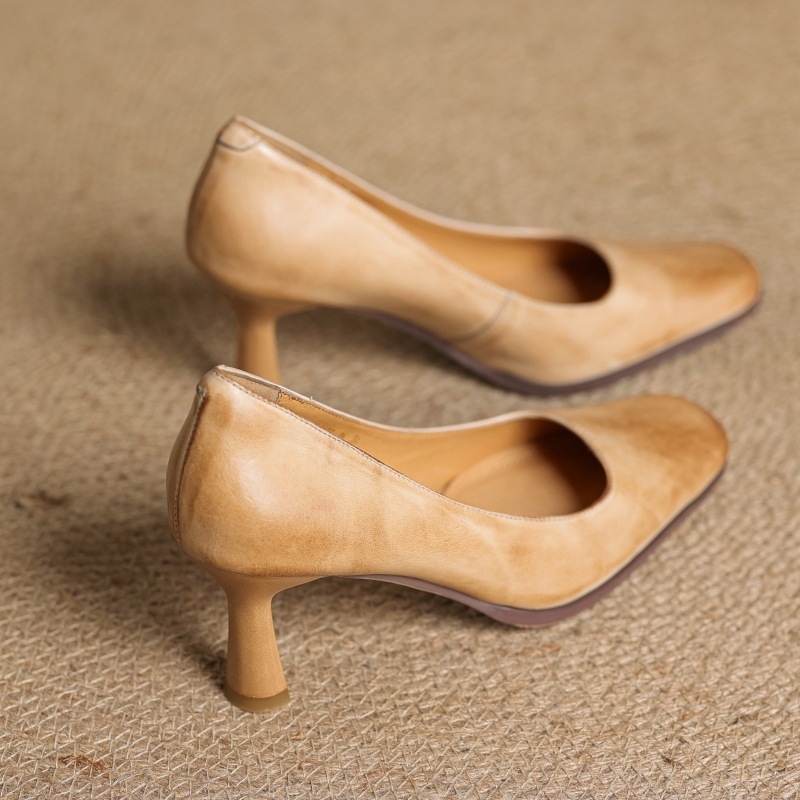 Ženske cipele teleće kože s kvadratnim nosom, slip-on, 6–8 cm tanak peti